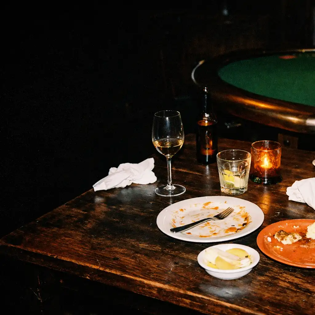 After-hours restaurant table with plates, glass reflections and a distant green felt social table edge at TASTE VERANDA.