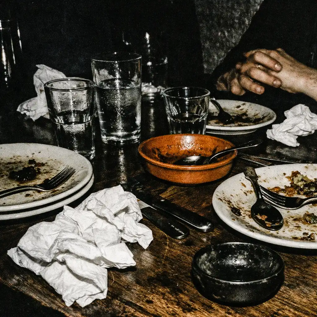 Late-night restaurant table after a shared meal with dishes, napkins and glasses.