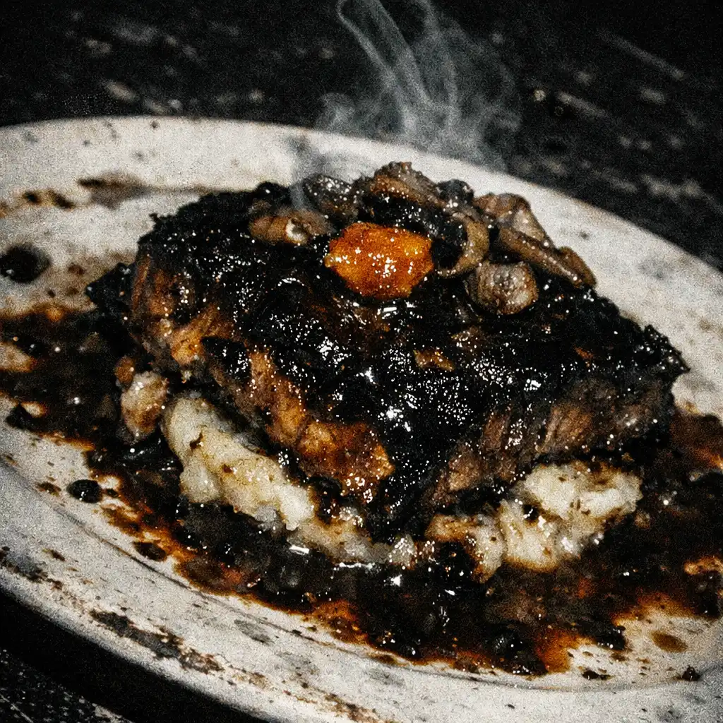 Close flash-lit detail of food on a scratched dark restaurant table.