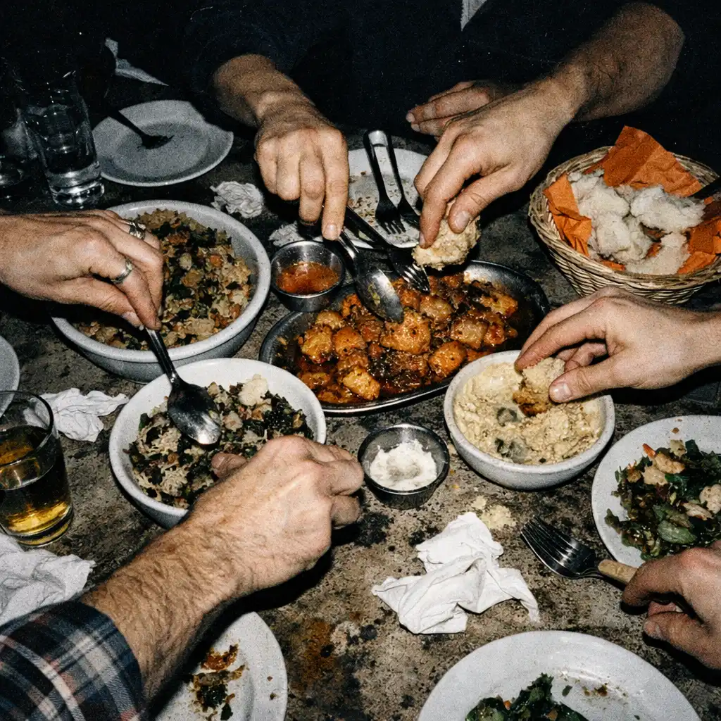 Several hands reaching across a shared restaurant dinner table.