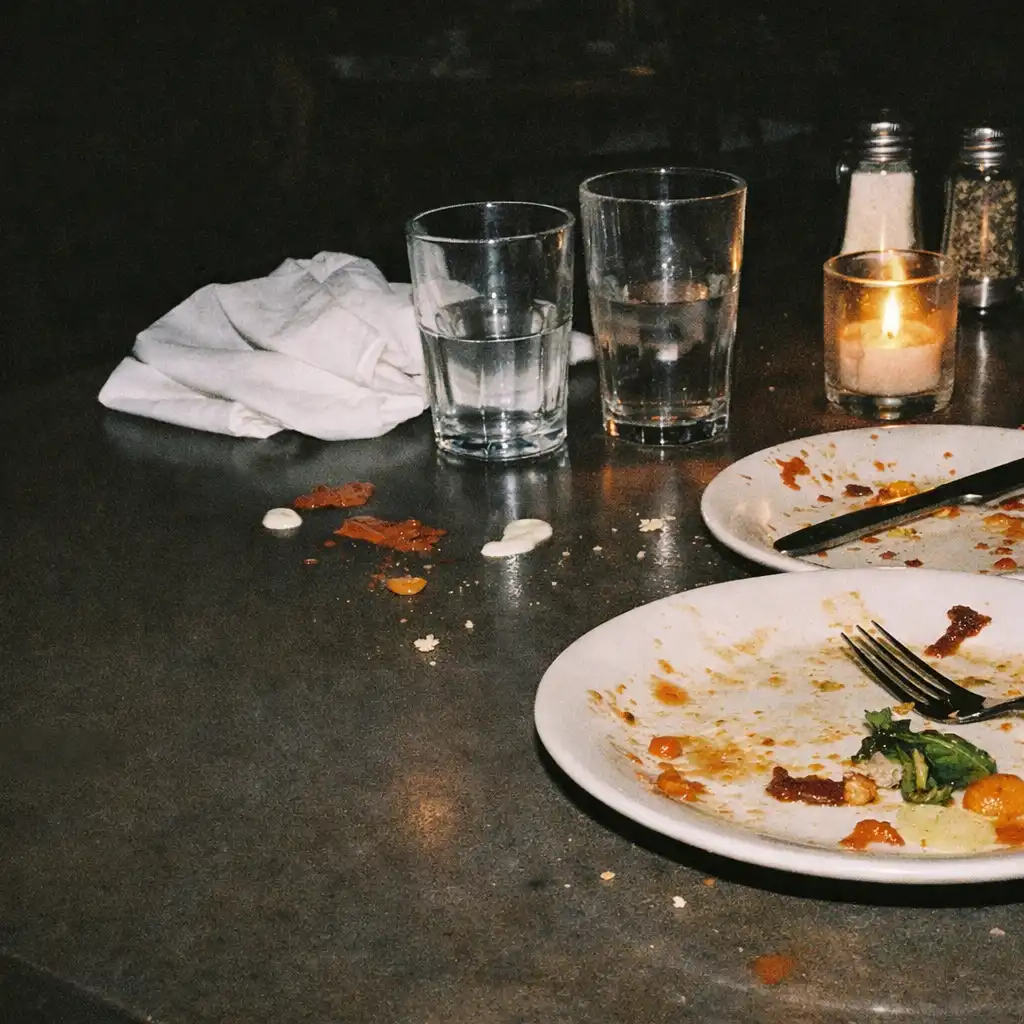 After-hours table with food remnants, glasses, a napkin and deep room shadows.