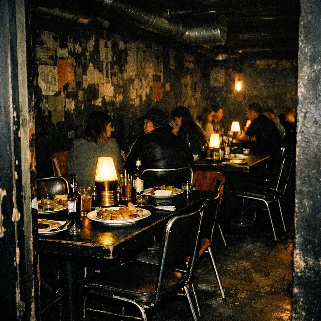 Grunge retro-underground restaurant dining room with occupied tables.