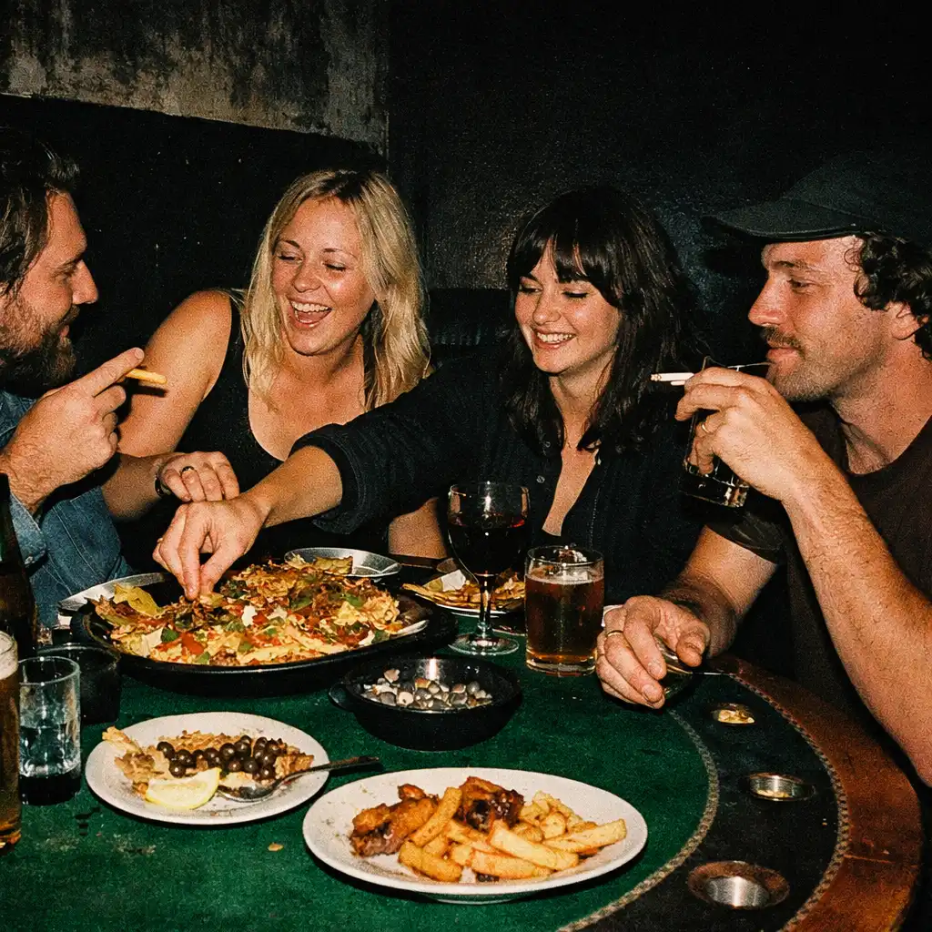Friends sharing food and conversation around a dark restaurant table at TASTE VERANDA.