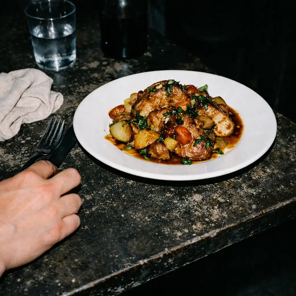 A close flash-lit plated meal on a lived-in restaurant table with cutlery and a hand nearby