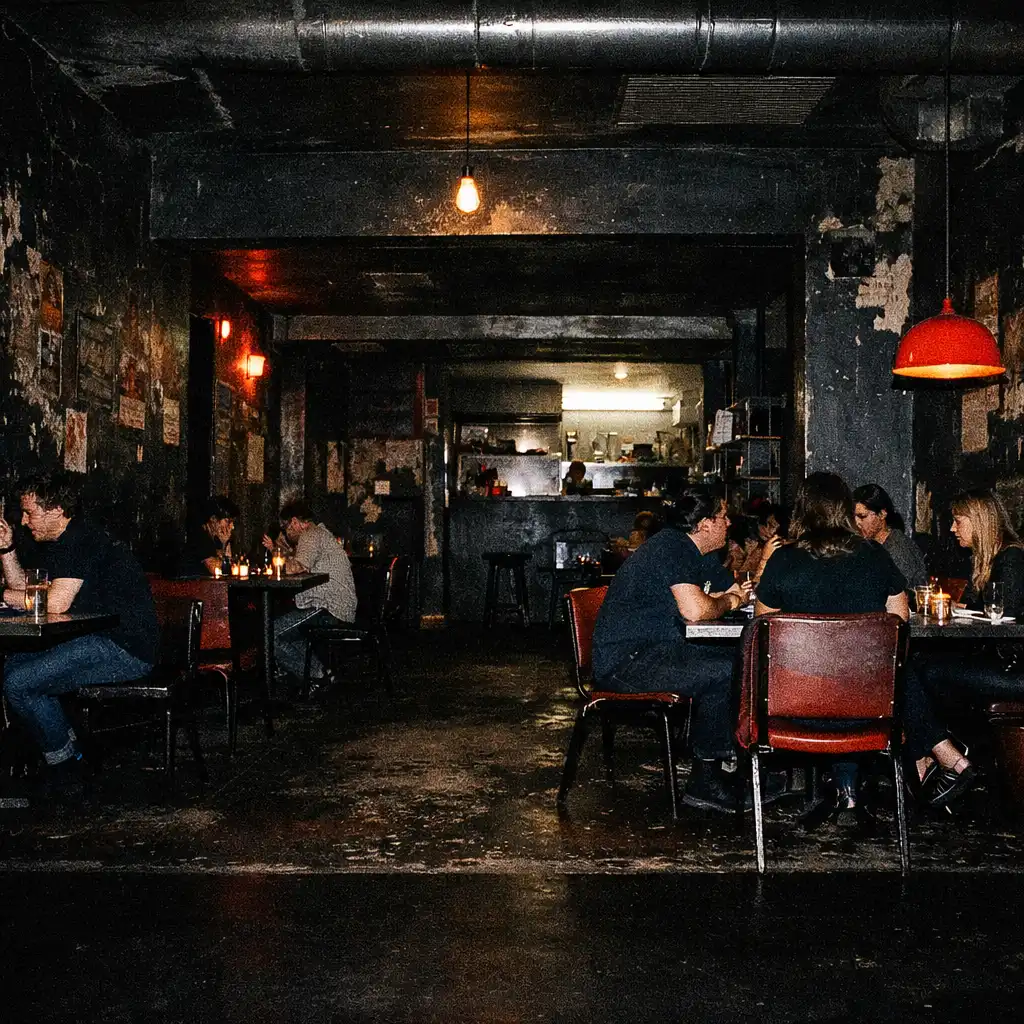 A wide after-hours view across a dark textured restaurant interior with occupied tables in the distance