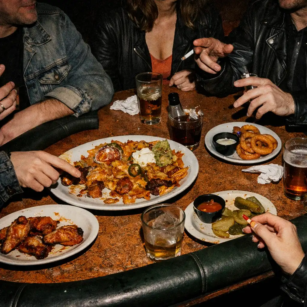 Shared plates, gesturing hands and a physical table edge during an after-hours restaurant gathering.