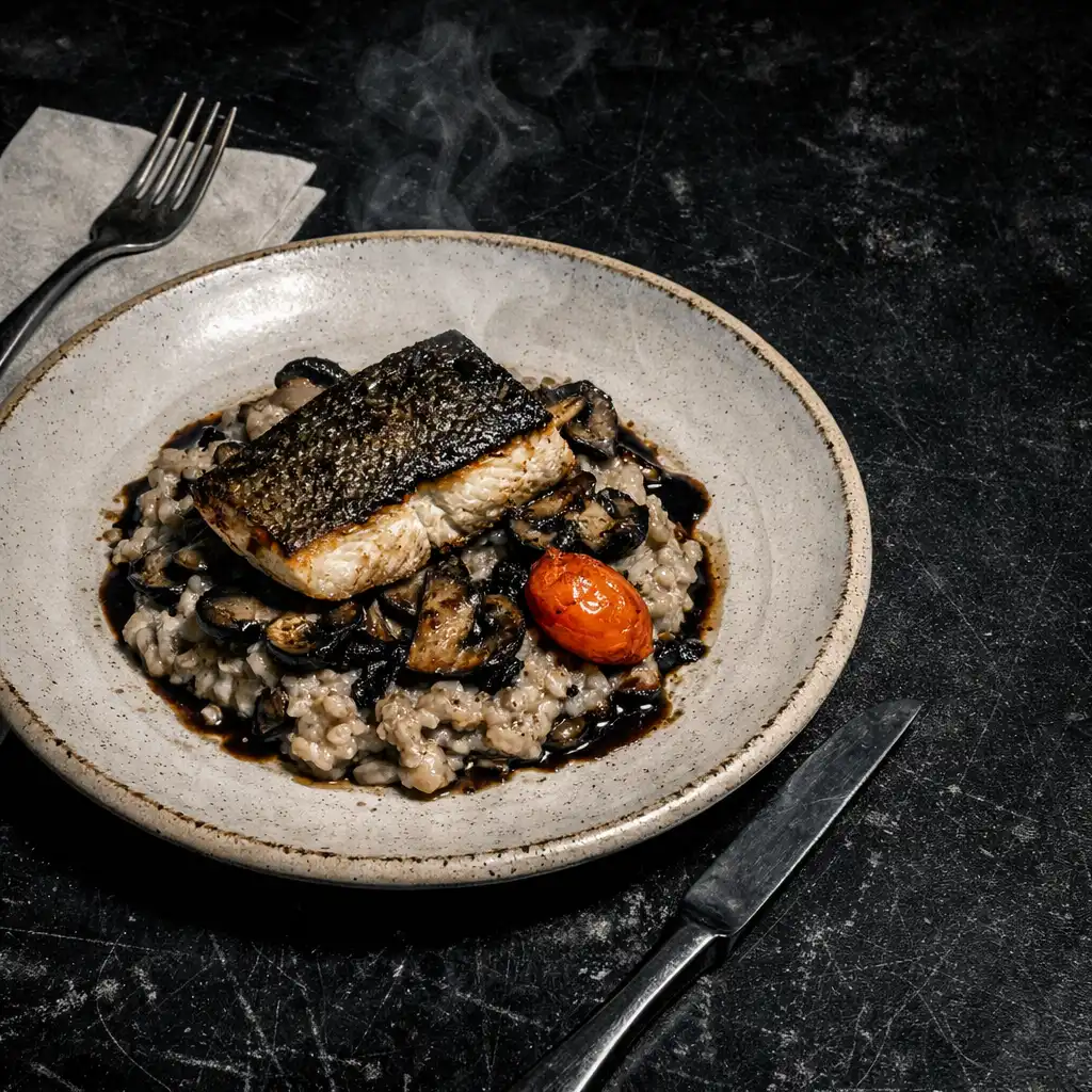 A plated restaurant dish beside a folded napkin and cutlery