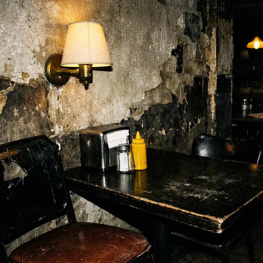 A worn restaurant corner with a dark table, chair and lamp glow