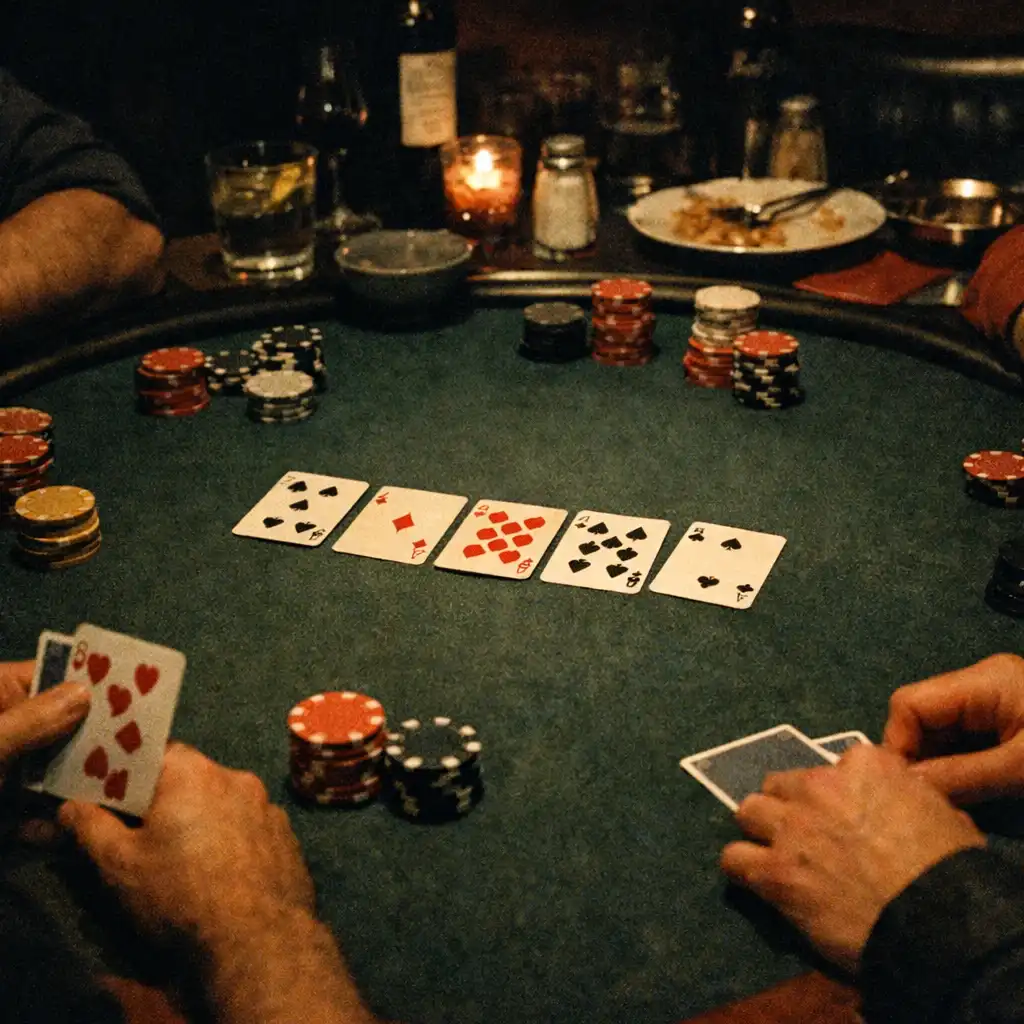 Cards and tabletop details at a physical social poker table