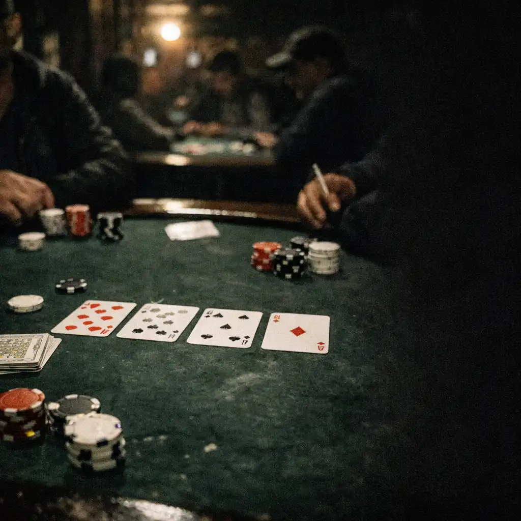 A physical social poker table in a dim restaurant setting