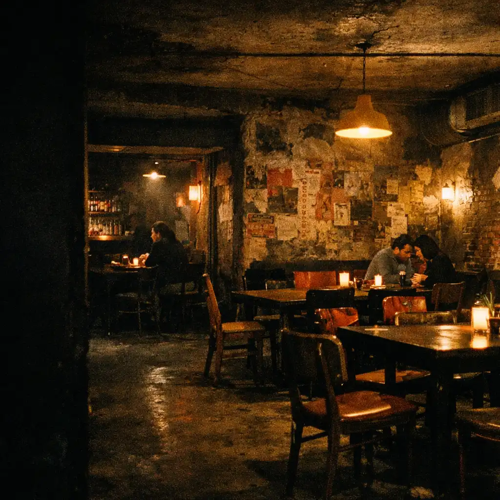 A dark, textured restaurant interior with tables and warm practical lights