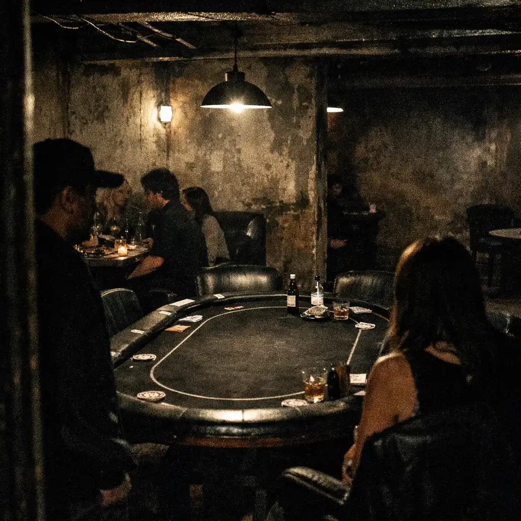 The social table area inside TASTE VERANDA, with guests, food-bearing tables and coal-dark retro interior texture.