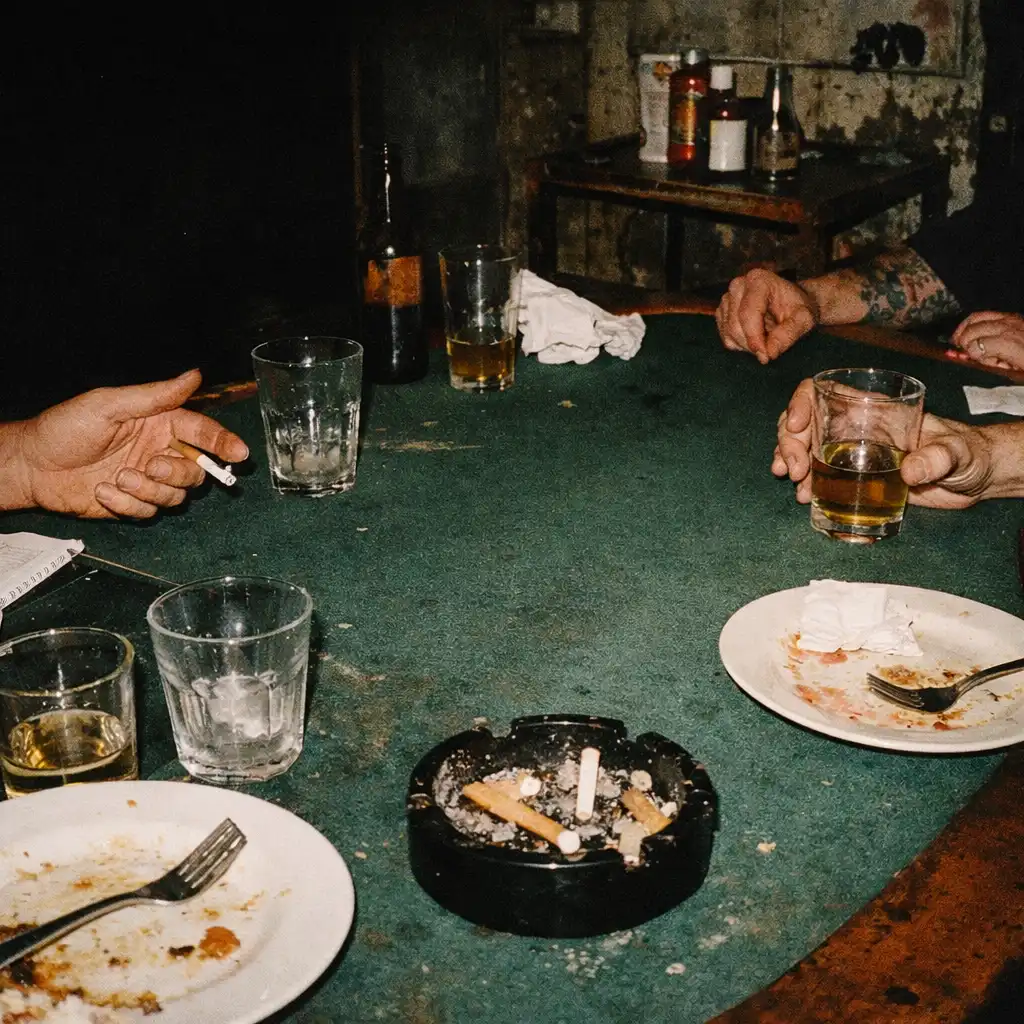 Hands, shared plates and glasses around a physical table in TASTE VERANDA’s after-hours restaurant setting.
