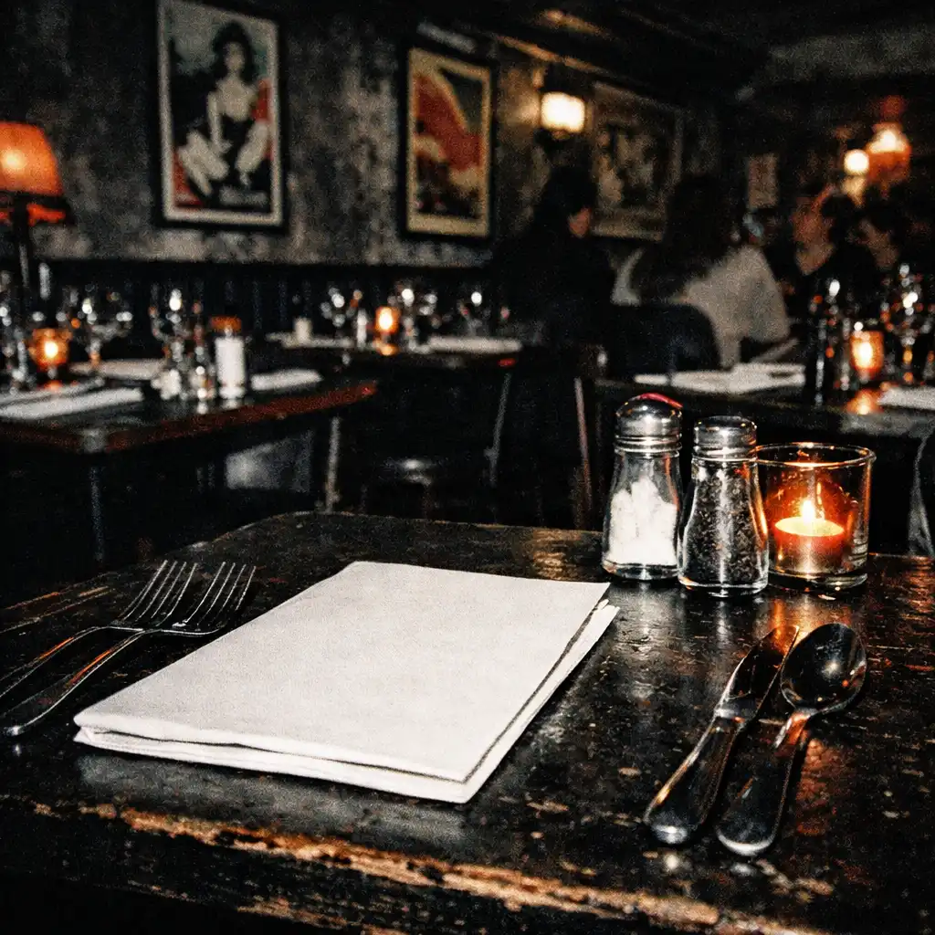 Documentary view of dark textured dining tables and layered print details in the restaurant interior