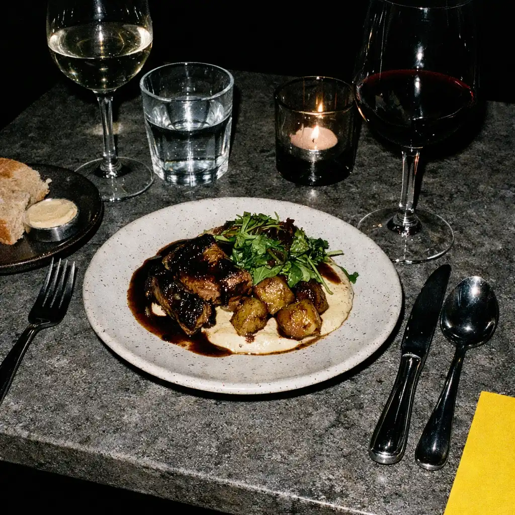 Close view of plated food, cutlery and textured tableware under direct evening flash